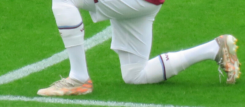 West Ham United footballer, Jesse Lingard taking a knee before the Premier League game against Southampton at the London Stadium, May 2021.